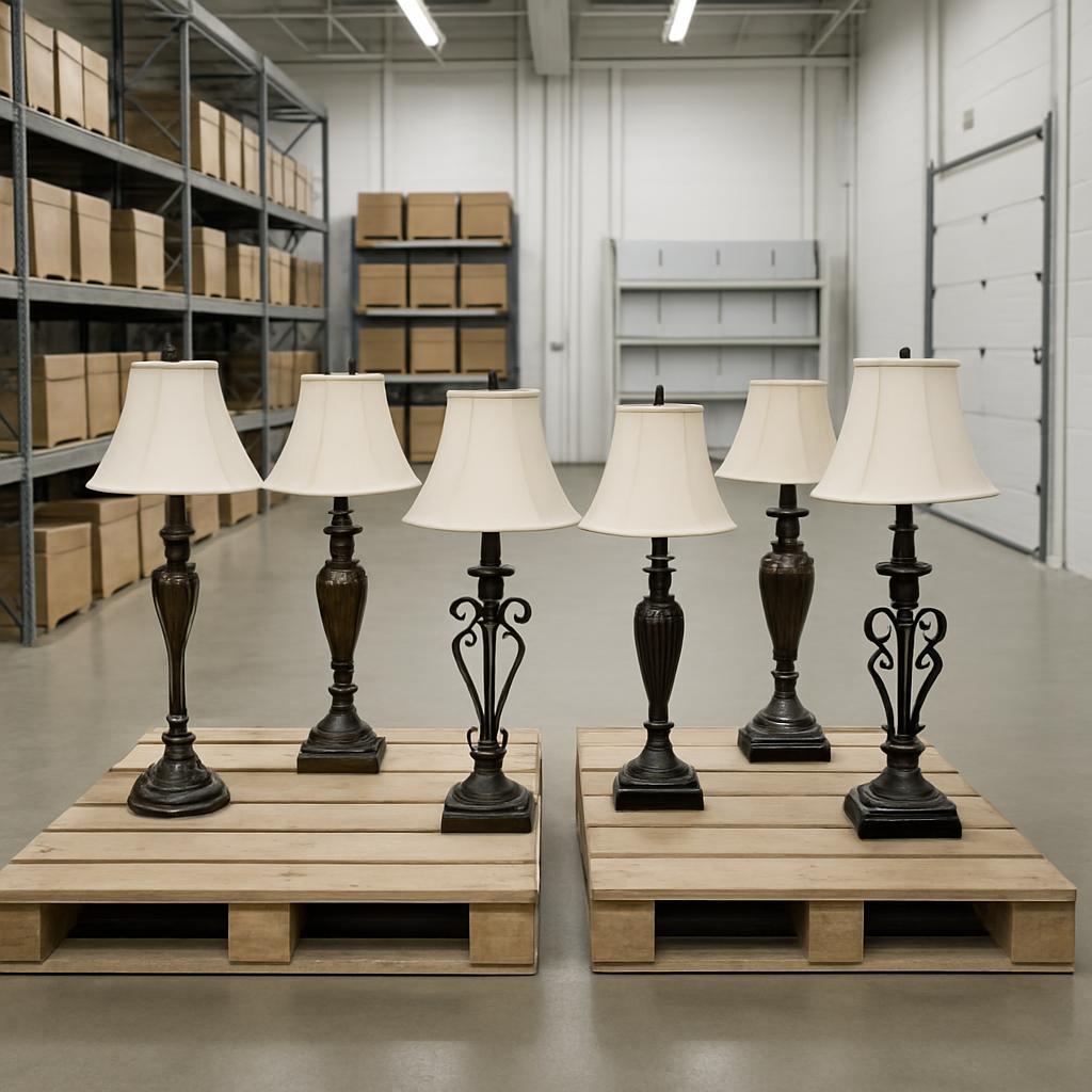 A warehouse with shelving units lined with cardboard boxes, four lamps on a plank platform in the centre, and a white door...